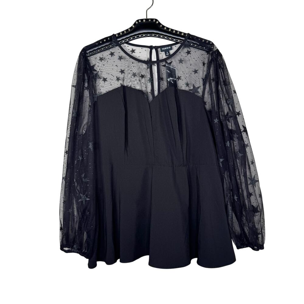 Torrid Whimsigoth Black Mesh Glitter Star Peplum Top 3X Long Sleeve - Picture 13 of 14